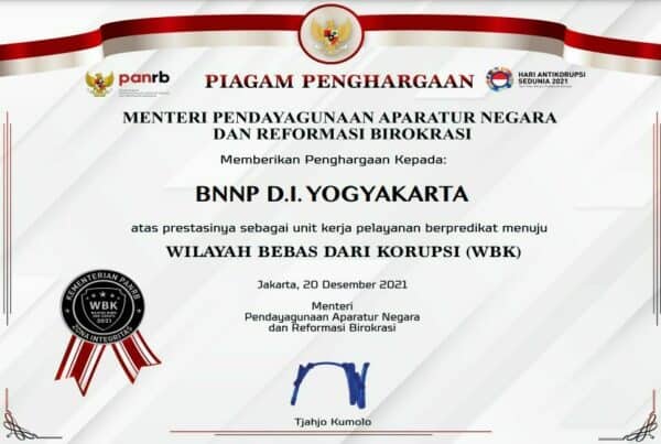 BNNP DIY Raih Penghargaan Wilayah Bebas Korupsi (WBK)