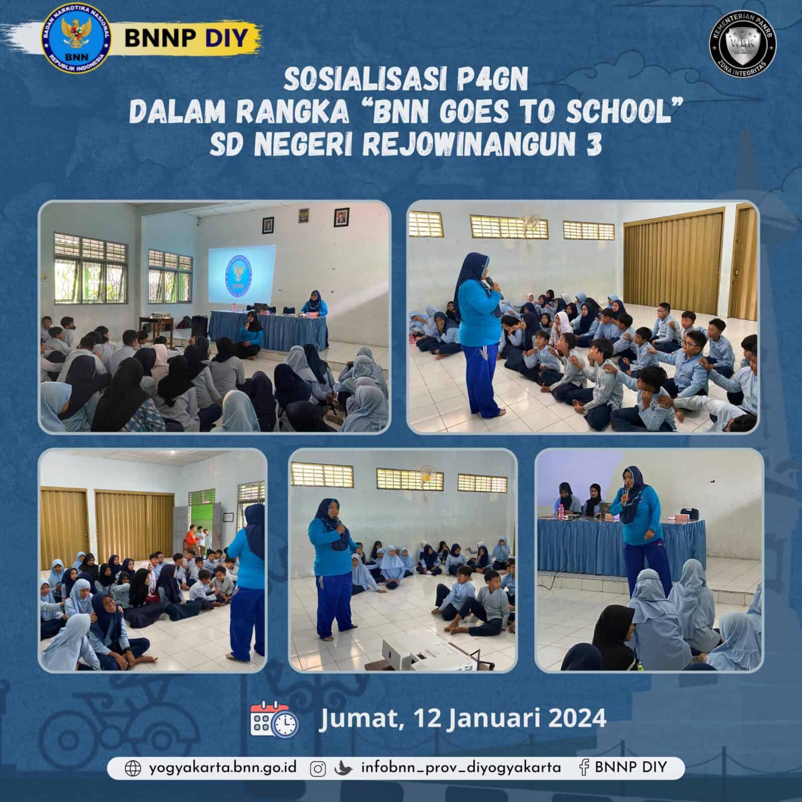 Informasi dan Edukasi P4GN melalui Senam Pagi Bersinar dan Sosialisasi P4GN dalam rangka "BNN GOES TO SCHOOL" di SD Negeri Rejowinangun III Yogyakarta Informasi dan Edukasi P4GN melalui Senam Pagi Bersinar dan Sosialisasi P4GN dalam rangka “BNN GOES TO SCHOOL” di SD Negeri Rejowinangun III Yogyakarta